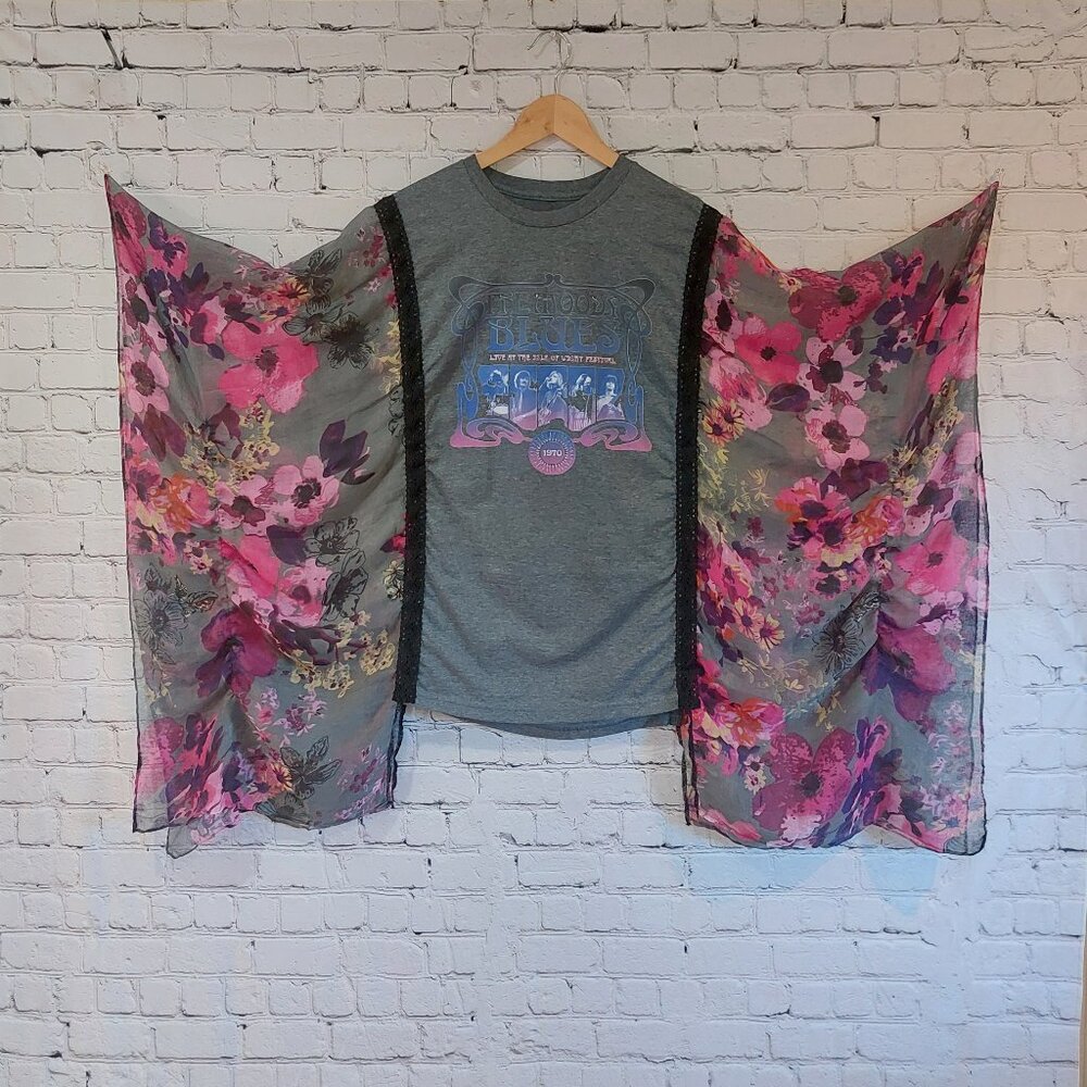 Upcycled T Shirt Poncho Kantha Rock Top Gray Black Purple Pink Blue